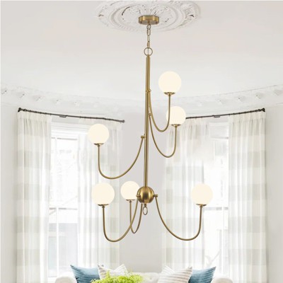 PAKOKULA Modern 6-Light Dimmable Gold Chandelier-Sputnik Ceiling Light with White Frosted Glass