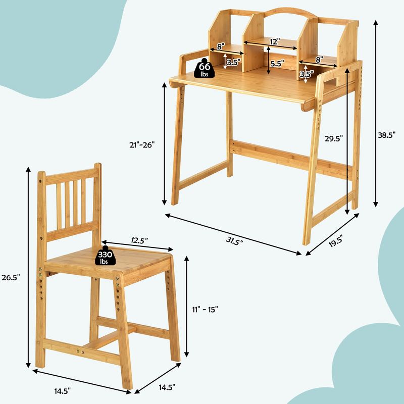 Costway Bamboo Kids Study Desk And Chair Set  Height Adjustable Home School w/ Bookshelf, 4 of 11