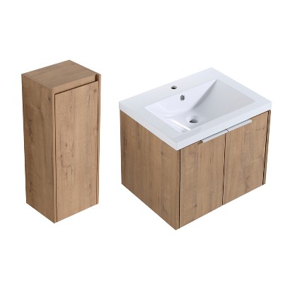 Vynxaria 24 in. Single Wall-Hung Imitation Oak Plywood Bath Vanity with White Resin Sink Surface KD-PACKING Ready to Assemble