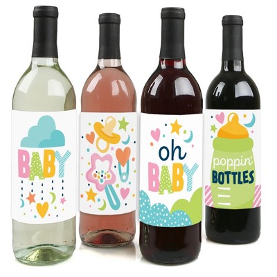 Big Dot of Happiness Colorful Baby Shower - Gender Neutral Party Decorations for Women and Men - Wine Bottle Label Stickers - Set of 4