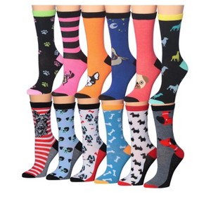 Tipi Toe Women's 12-Pairs Lightweight Value Pack Dog Novelty Animal Bone Paw Stripes Patterned Crew Socks - 1 of 4