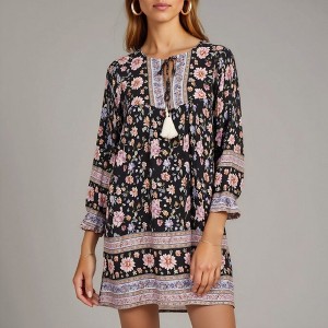 Knit & Lounge Women’s Boho Floral Mini Dress Tassel Tie Neckline 3/4 Sleeves Border Print Trim Relaxed Fit Tunic Style - 1 of 4