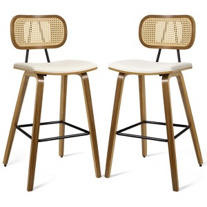 Bekrvio 26" Mid Century Modern Counter Height Bar Stools - Rattan Cane Back, Wood, PU Leather Upholstered for Kitchen Island Dining - 1 of 4