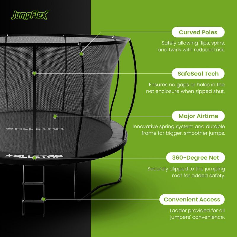 ALLSTAR 12 Ft Round Trampoline for Kids Outdoor Backyard Play Equipment Playset with Net Safety Enclosure and Ladder, Black, 4 of 9