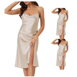 INSPIRE CHIC Womens 2 Pack Satin Nightdress Slit Nightgown Sleeveless Backless Silky Midi Sleepwear - 1 of 4