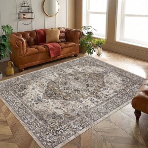 Faux Wool Vintage Printed Area Rug with Non Slip Backing Machine Washable Stain Resistant  Soft  Accent Carpet for Indoor Places - 1 of 4