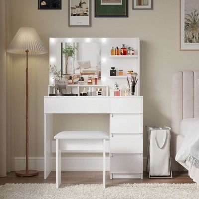 Makeup Vanity Desk Set with Mirror & Light, Dressing Table Storage Lots with Power Strip, 3 Lighting Modes with Adjustable Brightness, Stool