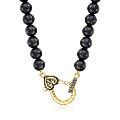 Ross-Simons 6mm Black Agate Bead and Black Enamel Oversized Lobster Clasp Necklace With Black Diamond Accents in 18kt Gold Over Sterling Size 18