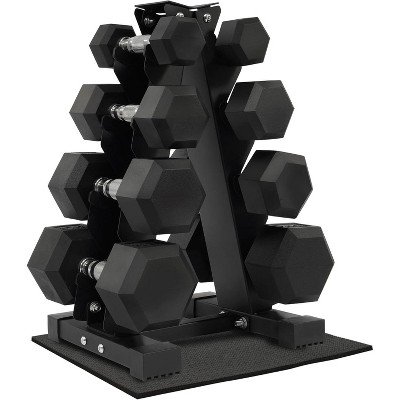 Rubber Coated Hex Dumbbell Set with Storage Rack, Free Weights for Home Gym