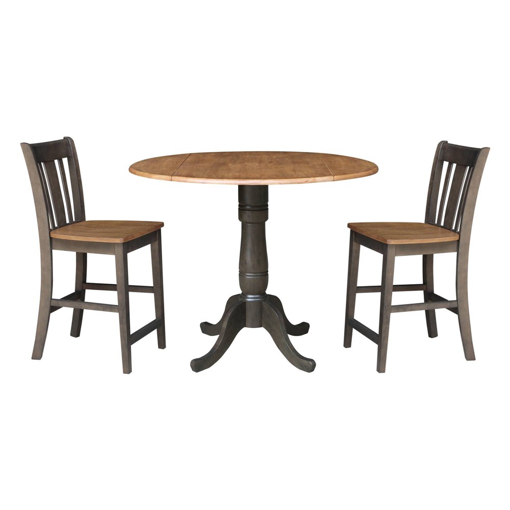 Photos - Dining Table 3pc 42" Round Dual Drop Leaf Counter Height  with 2 Splat Back Stools Hickory/Washed Coal - International Concep