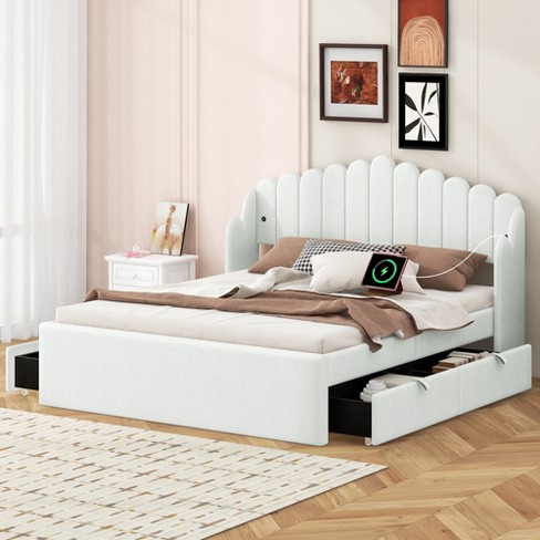 Queen Size Upholstered Platform Bed With 4 Drawers And 2 Usb, Beige, 4a ...