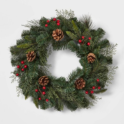 22" Mixed Greenery Artificial Christmas Wreath with Pinecones & Red Berries - Wondershop™