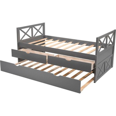 Gray Pine Twin Daybed with Storage Drawers and Trundle