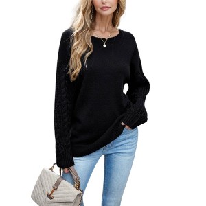 Amaryllis Women's Cable Knit Sleeve Crew Neck Sweater Long Sleeve Cozy Soft Knit Oversized Fit - 1 of 4