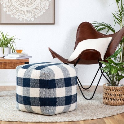 Midnight Blue and Ivory Square Wool-Cotton Blend Pouf
