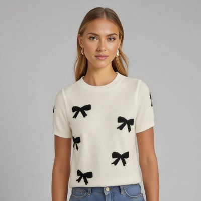 Knit & Lounge Women’s Short Sleeve Bow Sweater Crew Neck Slim Fit Knit Pullover Cute  Style