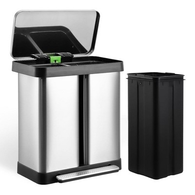 Dual Trash Can, Stainless Steel 8 + 9.5 Gal (30 + 36L) Garbage Can with Lid and Inner Buckets
