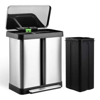 Dual Trash Can, Stainless Steel 8 + 9.5 Gal (30 + 36L) Garbage Can with Lid and Inner Buckets