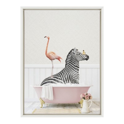 Whimsical Zebra and Flamingo in Pink Bathtub Canvas Art, 18x24