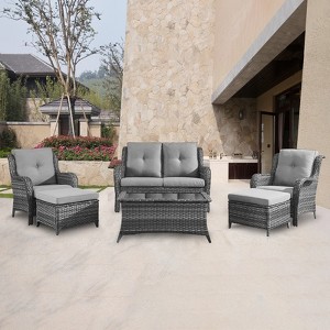 POCASSY 6 Piece Patio Furniture Set, All Weather Wicker Rattan Patio Lovseat Sofa Set with Wicker Patio Chair, Coffee Table and Ottoman - 1 of 4