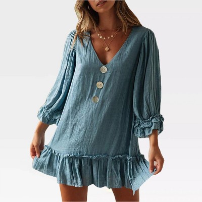 Womens Ruffled Baby Doll Dress Front Button V Neck Flowy Dress Beach Sundress with 3/4 Sleeve Linen A Line Dress Summer Mini Dress,Light Blue - L