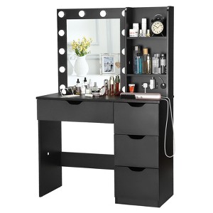 Modern Vanity with Mirror and Lights Mirror, 4 Drawers, 3 Ligthing Color Vanity Desk, Power Outlet, Crystal Ball Knobs,Makeup Desk for Bedroom-Black - 1 of 4