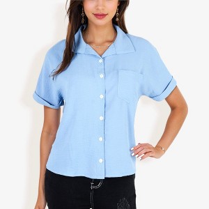 Anna-Kaci Women's Short Sleeve Button Down Shirt With Front Pocket And Notched Collar - 1 of 4