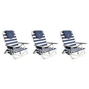 Ostrich On-Your-Back Portable Lightweight Sand Beach 6" Off-The-Ground Lounge Chair with 5 Adjustable Positions, Blue and White (3 Pack) - 1 of 4