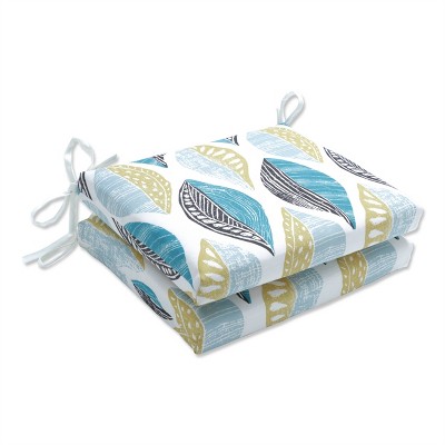 Pillow Perfect Set of 2 16" x 18.5" Leaf Block Outdoor/Indoor Squared Corners Seat Cushions Teal/Citron