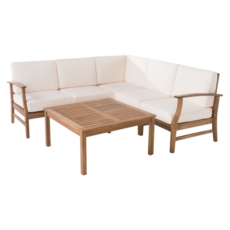 Perla 6pc Acacia Wood Patio Chat Set w/ Water Resistant Cushions - Cream - Christopher Knight Home, 3 of 7