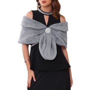 INSPIRE CHIC Women's Faux Fur Wedding Cape with Pearl Rhinestone Brooches Shawl - 1 of 4