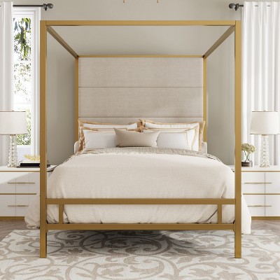 Merax Elegant Modern Canopy Bed with Tall Velvet Upholstered Headboard