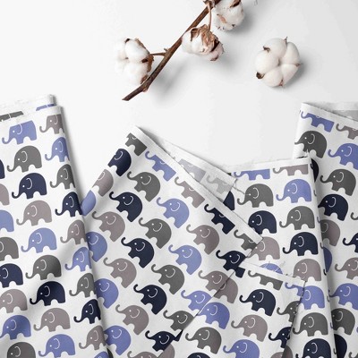 Gray and Blue Cotton Elephant Print Light-Filtering Curtain Panel