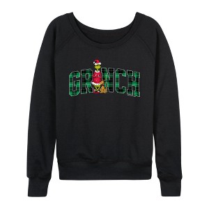 Women's The Grinch Plaid Lightweight French Terry Wide Neck Long