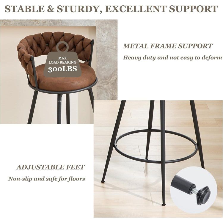 DYHOME 28 inch Bar Stools Set of 3, Modern Counter Height Bar Stools, 360° Swivel Suede Fabric Stool Chairs with Woven Back and Footrest, 6 of 8