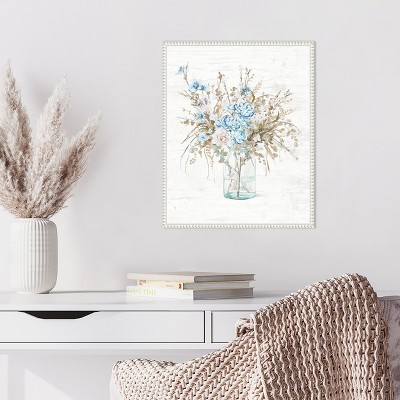 Blue Flowers in Glass Vase with White Beaded Frame Canvas Wall Art