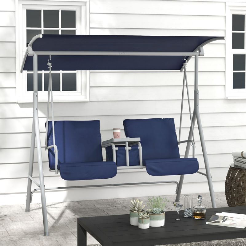 Outsunny 2 Person Porch Swing with Stand, Outdoor Swing with Canopy, Pivot Storage Table, 2 Cup Holders, Cushions for Patio, Backyard, Dark Blue, 2 of 7