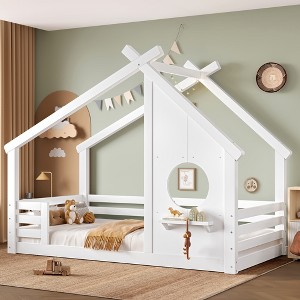 Twin/Full Montessori Bed Frame House Floor Bed, Platform Bed with Window, Built-in Shelf & House-Shaped Roof - ModernLuxe - 1 of 4