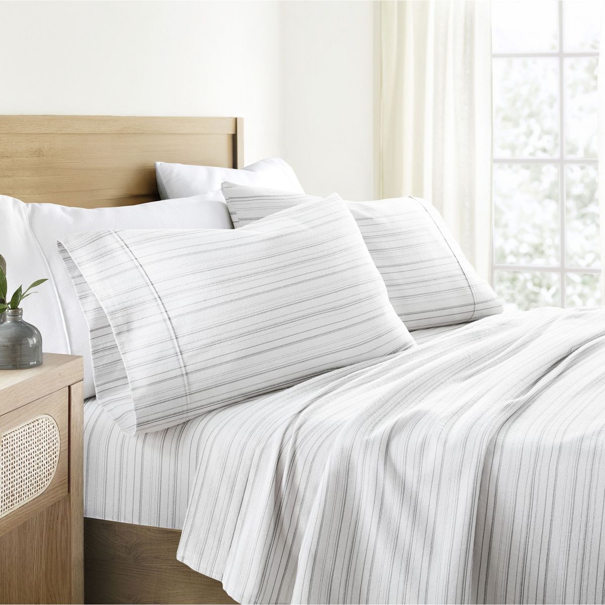 Stripes 100% Cotton Flannel Sheets, 4PC Super Soft Bed Sheets, Easy Care, Solid Color Style - Becky Cameron