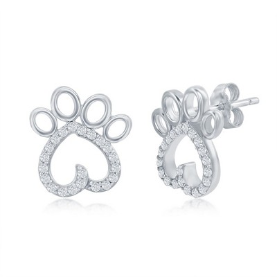 Bella Silver Sterling Silver Paw Print CZ Stud Earrings - Silver