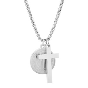Steeltime Stainless steel cross and St. Benedict religious pendant. Color Options: Silver, Gold - 1 of 4