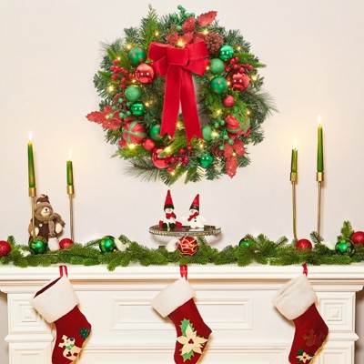 22 In Pre-Lit Christmas Wreath with Red Green Balls Velvet Ribbon for Fireplace Window Wall Decor