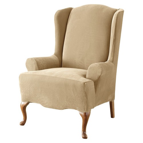 Cream Stretch Pique Slipcover Cream Wing Chair - Sure Fit, Ivory