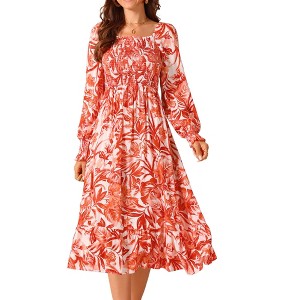 Seta T Women's Floral Long Sleeve Square Neck Smocked Ruffle Hem Flowy Midi Dress with Pockets - 1 of 4