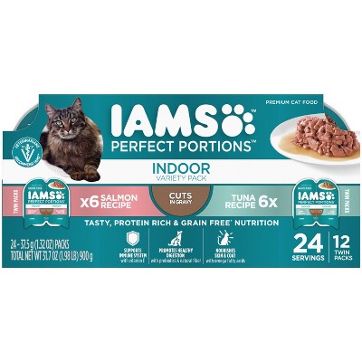 IAMS Perfect Portions Grain Free Indoor Cuts In Gravy Salmon & Tuna Recipes Premium Wet Cat Food - 2.6oz/12ct Variety Pack