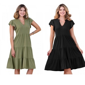 INSPIRE CHIC Women's Ruffle Short Sleeve V Neck Side Pockets Midi Dress 2 Packs - 1 of 4