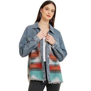 Allegra K Women's Denim Lapel Long Sleeve Vintage Shacket Jacket - 1 of 4