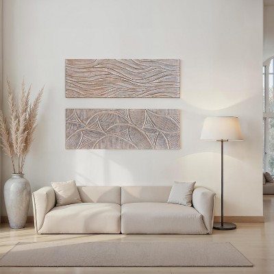 Royal Hampton 2pc Wood Wall Art Panels | 16x48 Inch Abstract Geometric and Wave Pattern Decor| Distressed Gray