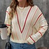 Women's Sweater Crew Neck Hollow Out Striped Knit Sweater Loose Fit Casual Pullover Top - 3 of 4