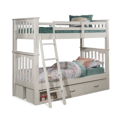 white wooden bunk beds with storage